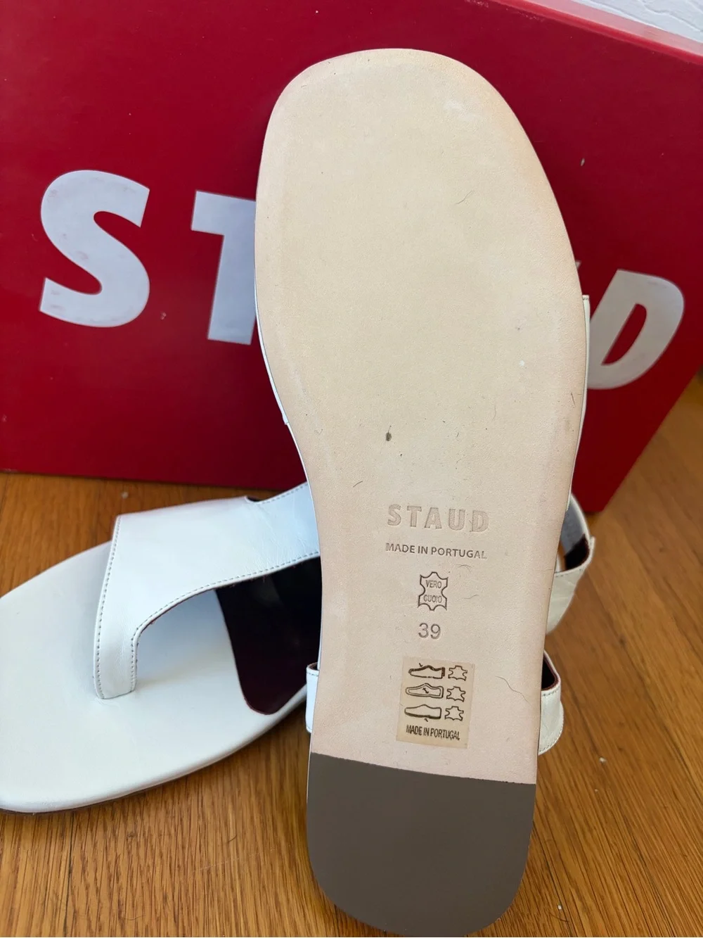 STAUD White Leather Slingback Toe-Loop Sandals